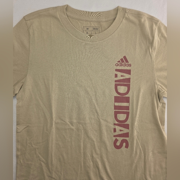 Adidas Boy's Tan Short Sleeve Tee Maroon Logo Size Medium (10-12) K-2237 - Picture 2 of 6